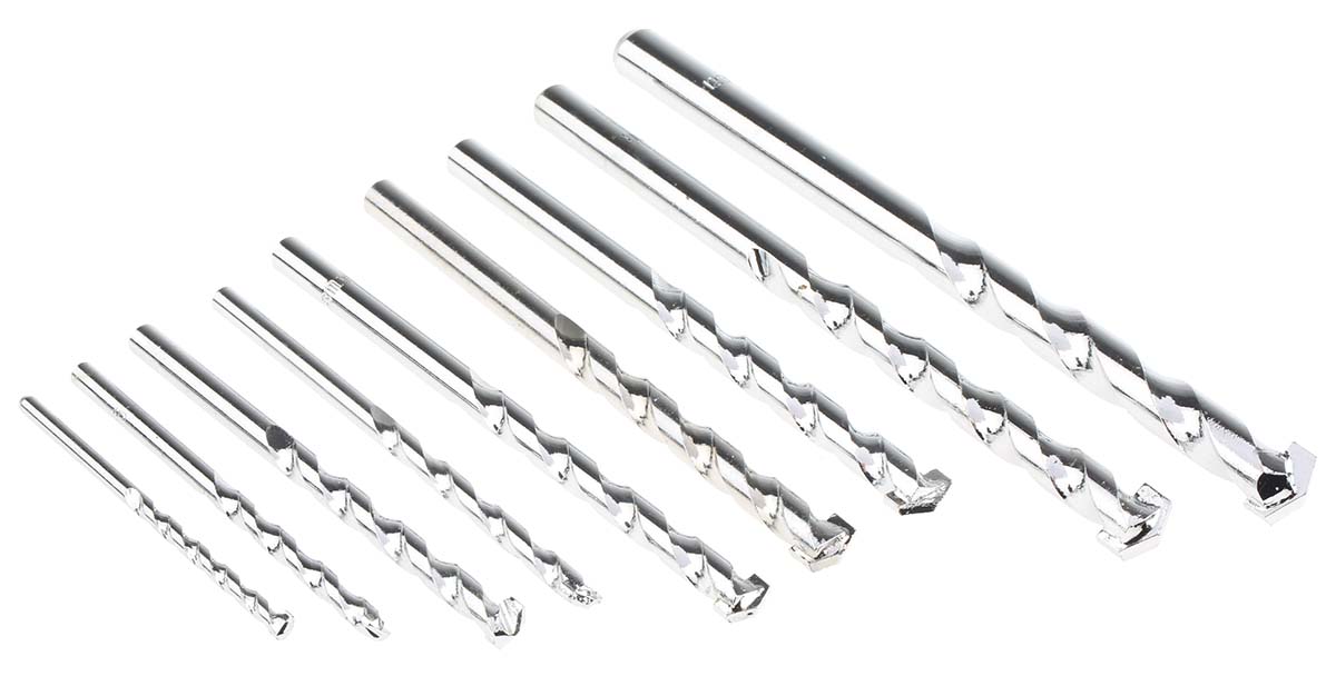 RS PRO 9-Piece Twist Set for Masonry, 12 mm Max, 4 mm Min, Tungsten Carbide Tipped Bits