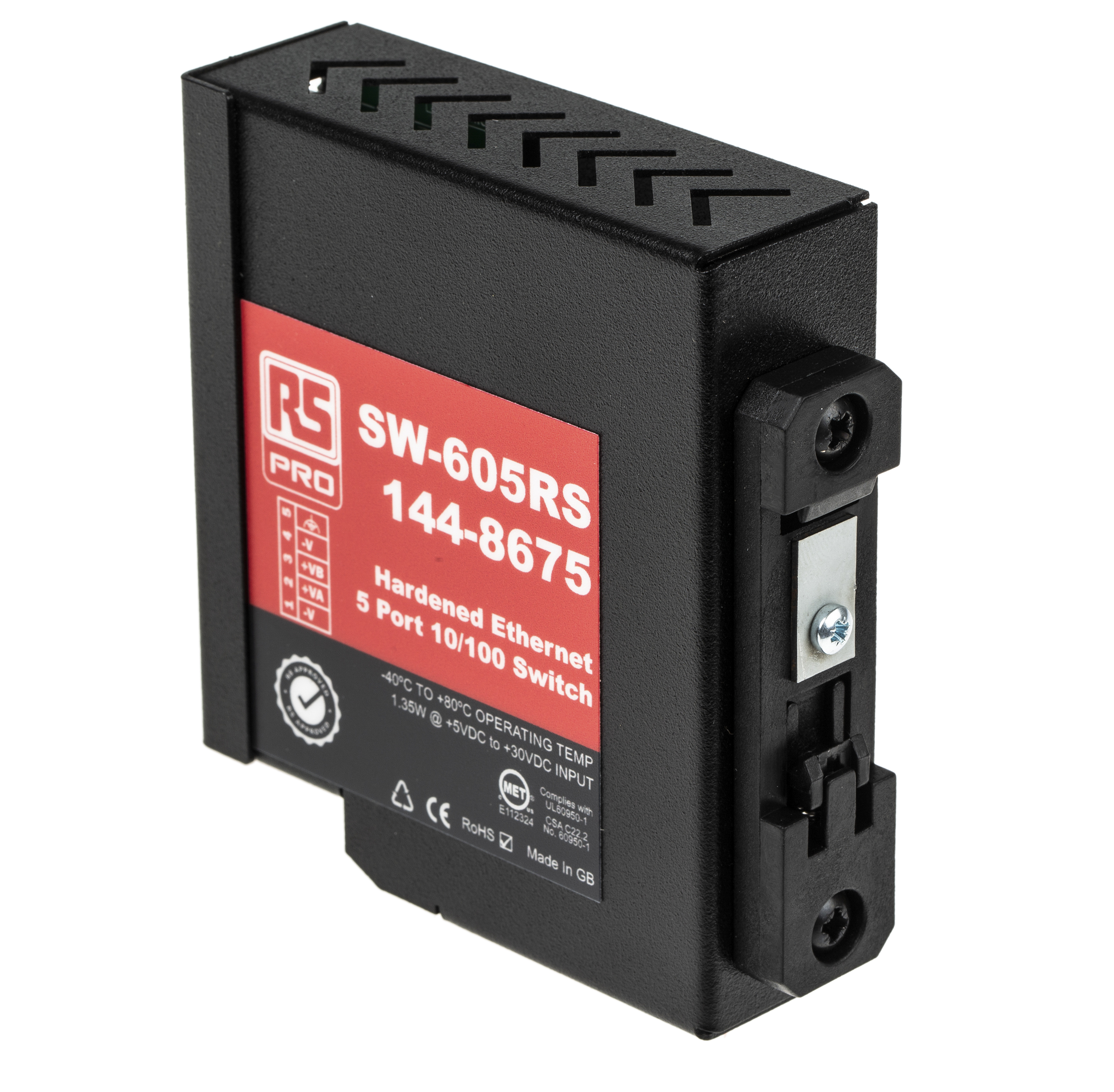 144-8675 RS PRO DIN Rail Mount Industrial Ethernet Switch, 5 RJ45 Ports, 10/100Mbit/s Transmission