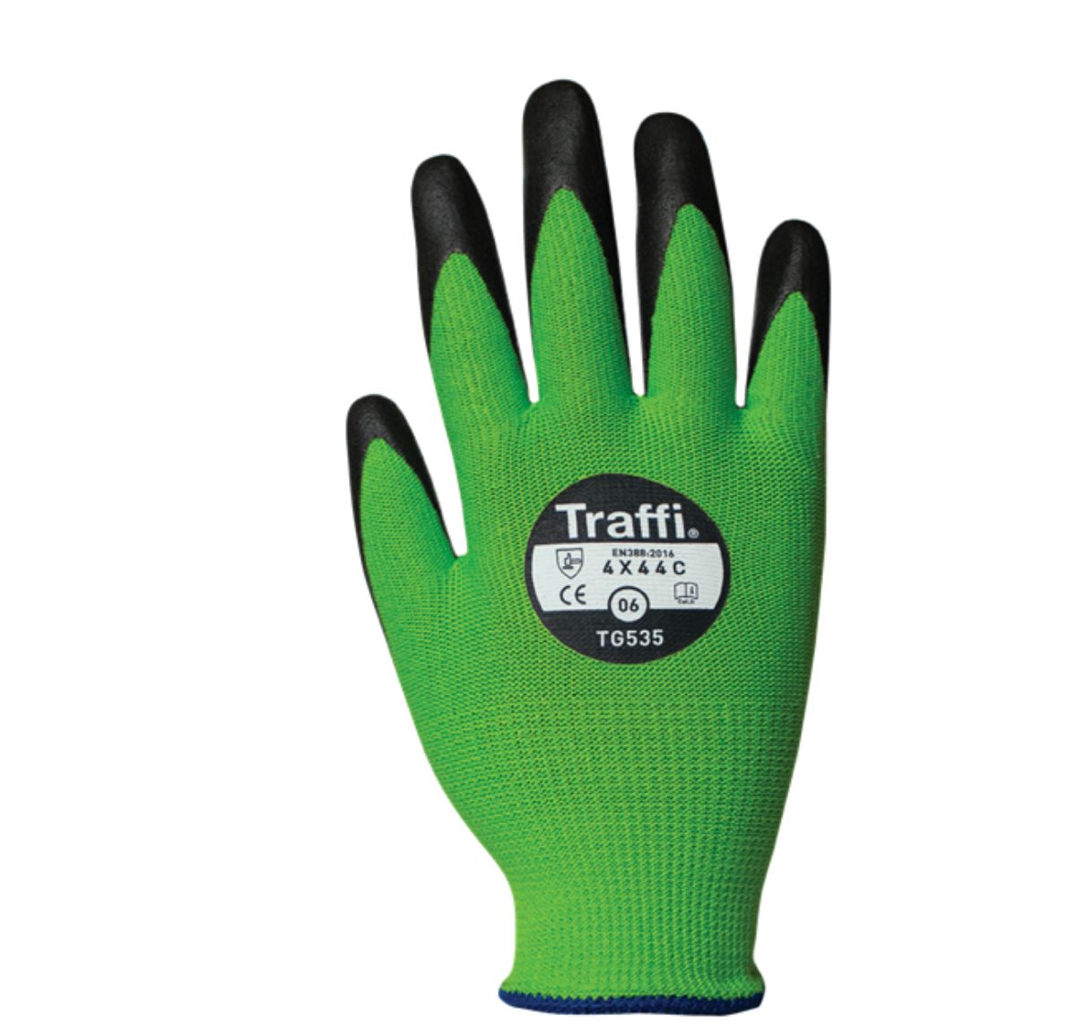 Traffi TG535 Green Elastane, Glass, HPPE, Nylon Nitrile, Nylon Cut Resistant Gloves, Size 7, Nitrile Coating