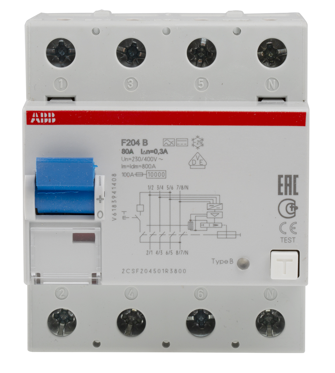 ABB F200 RCCB, 80A, 4 Pole, 300mA, Type B, 400V ac