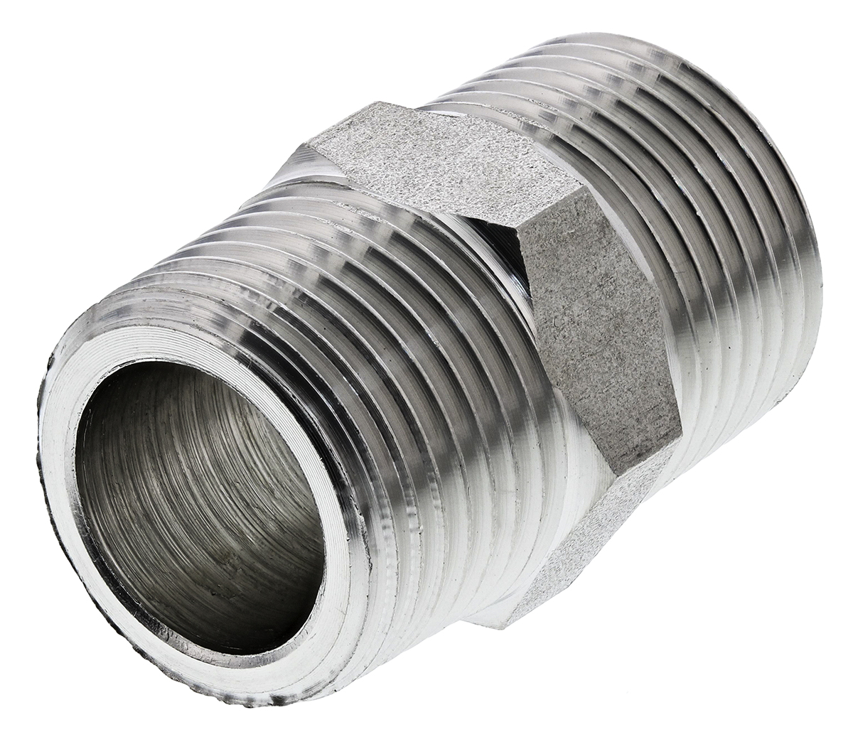 Legris Stainless Steel Pipe Fitting, Straight Hexagon Coupler, Male R 3/8in x Male R 3/8in