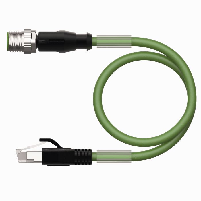 TurckRSSD-RJ45S-4416, 500mm Cat5e, Green M12 to Male RJ45 Male, Aluminium foil with a braided tin-plated copper wire