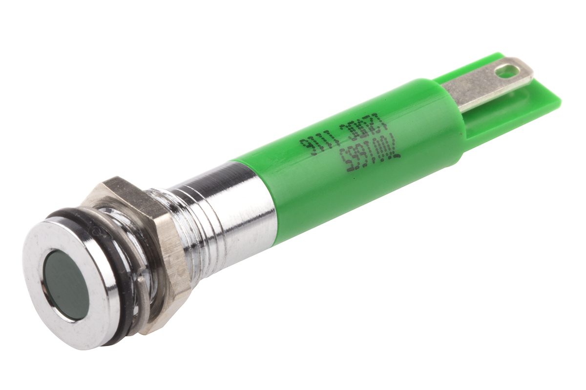 RS PRO Green Panel Mount Indicator, 12V dc, Solder Tab Termination, IP67