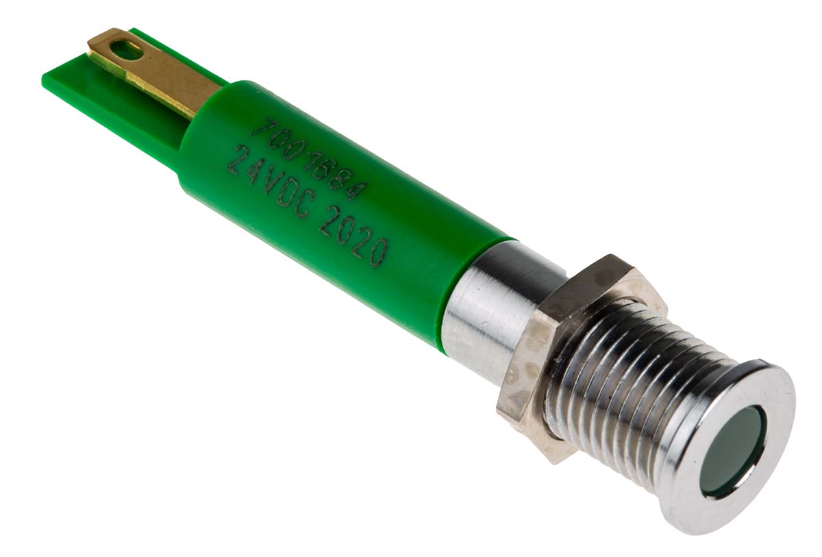 RS PRO Green Panel Mount Indicator, 24V dc, Solder Tab Termination, IP67