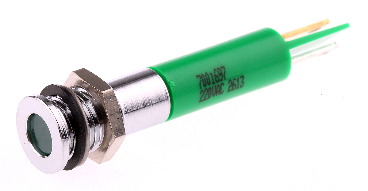 RS PRO Green Panel Mount Indicator, 220V ac, Solder Tab Termination, IP67