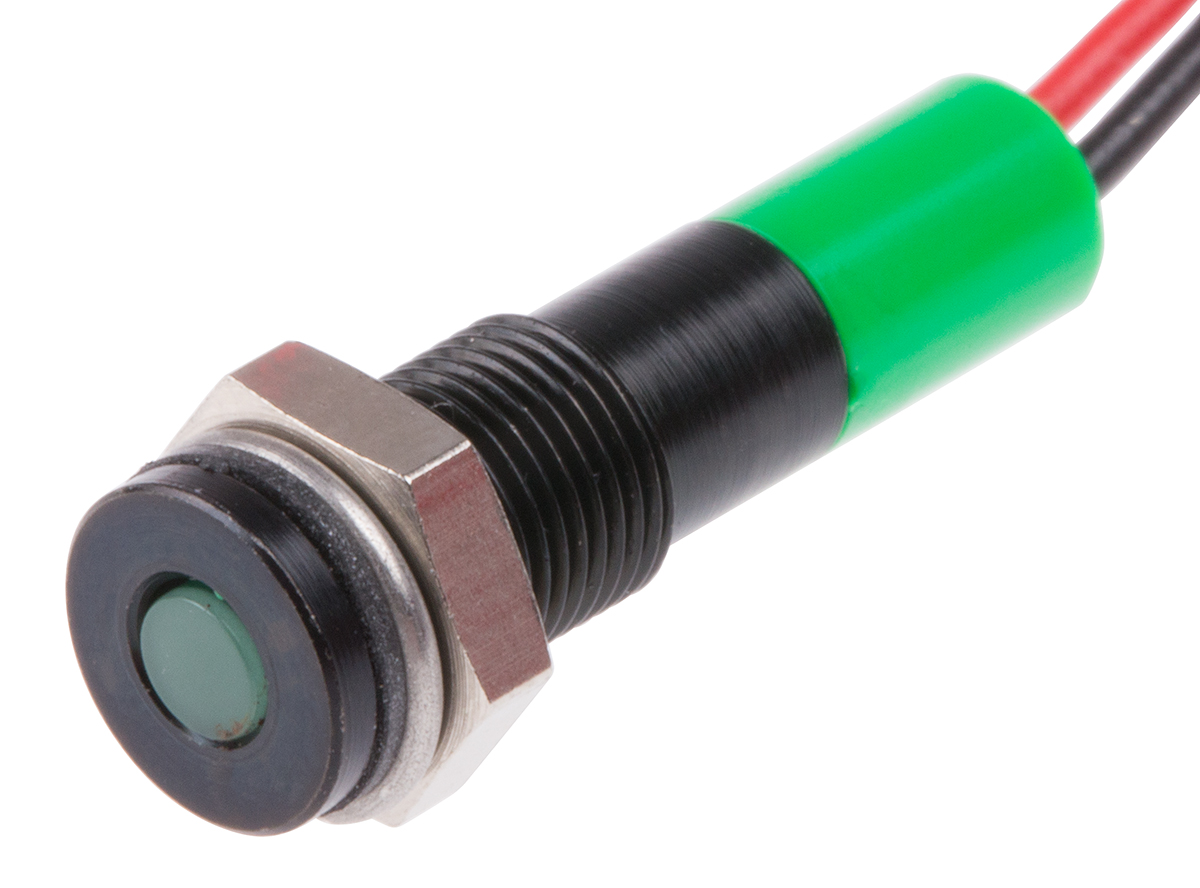 RS PRO Green Panel Mount Indicator, 12V dc, Lead Wire Termination, IP67