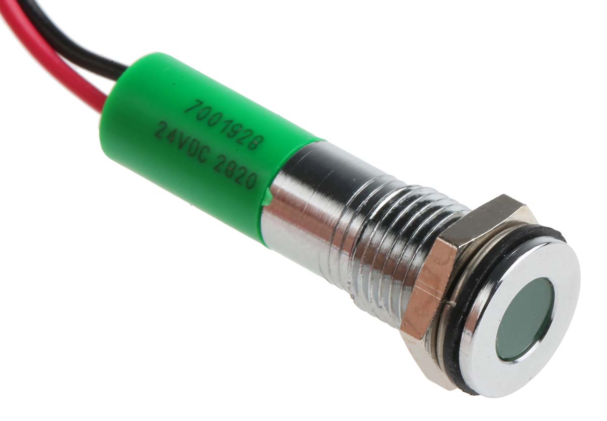 RS PRO Green Panel Mount Indicator, 24V dc, Lead Wire Termination, IP67