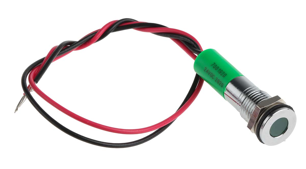 700-1928 RS PRO Green Panel Mount Indicator, 24V dc, Lead Wire Termination, IP67