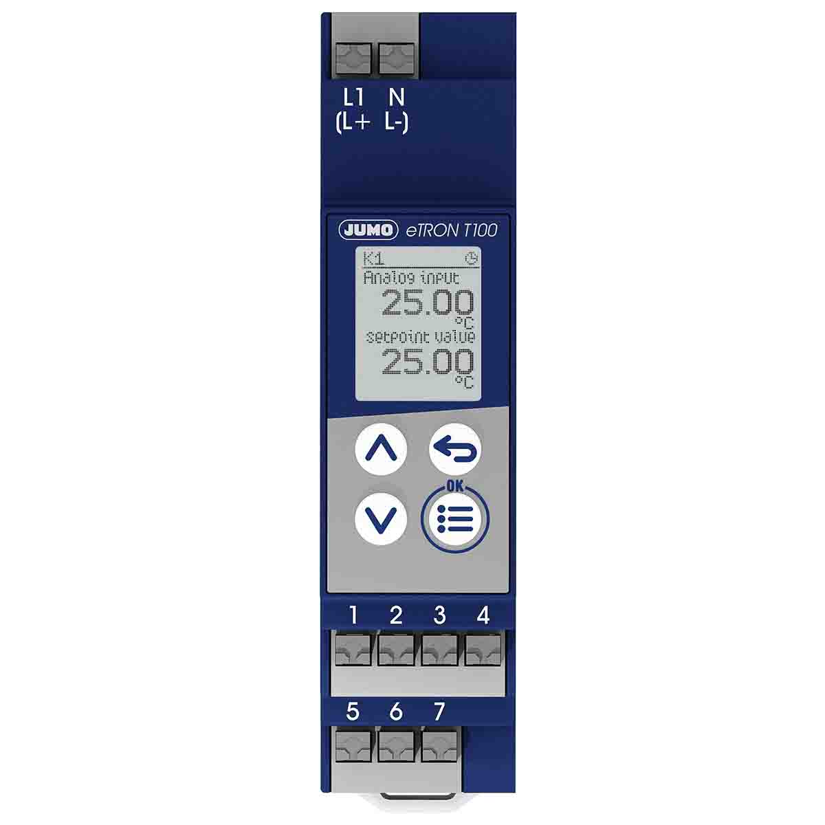 Jumo eTRON T100 DIN Rail On-Off Temperature Controller 1 Input, 1 Output Relay 230V Temperature Control