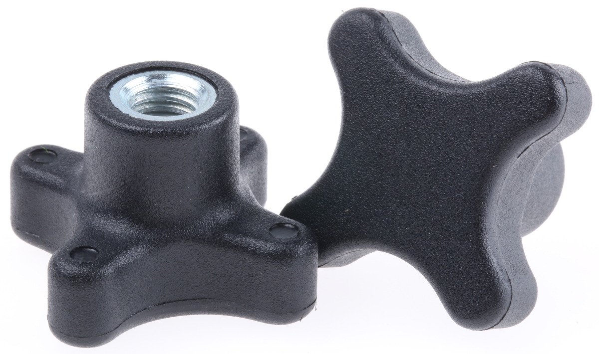 RS PRO Black Thermoplastic 4-Arm Clamping Knob, M8, Threaded Through Hole