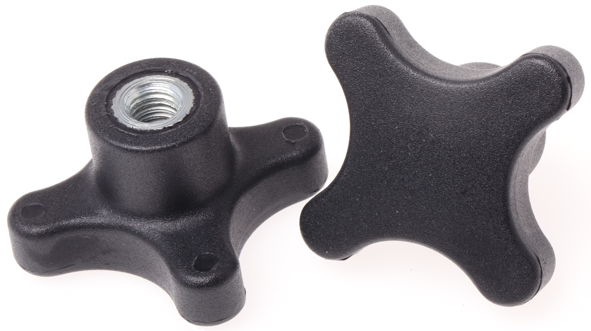 RS PRO Black Thermoplastic 4-Arm Clamping Knob, M8, Threaded Through Hole