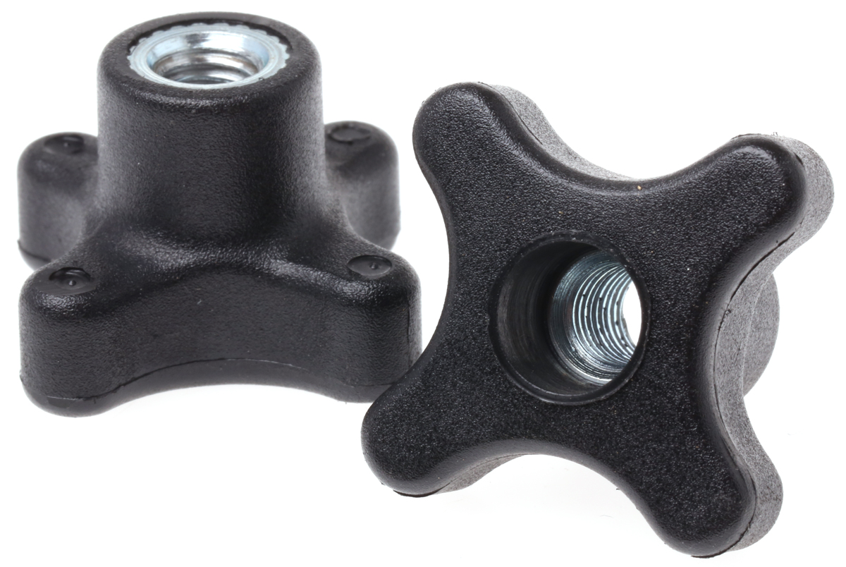 RS PRO Black Polypropylene 4-Arm Clamping Knob, M8, Threaded Through Hole