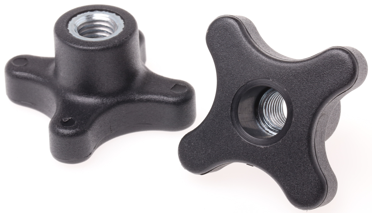 RS PRO Black Polypropylene 4-Arm Clamping Knob, M10, Threaded Through Hole