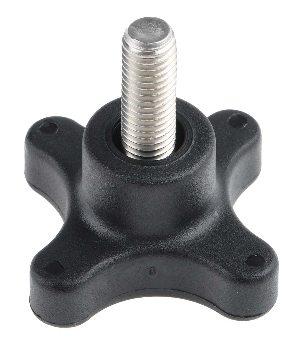 RS PRO Black Polypropylene 4-Arm Clamping Knob, Threaded Stud
