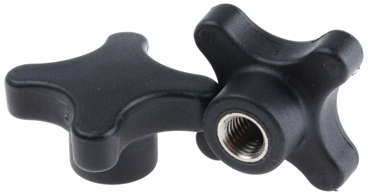 RS PRO Black Thermoplastic 4-Arm Clamping Knob, M12, Threaded Through Hole