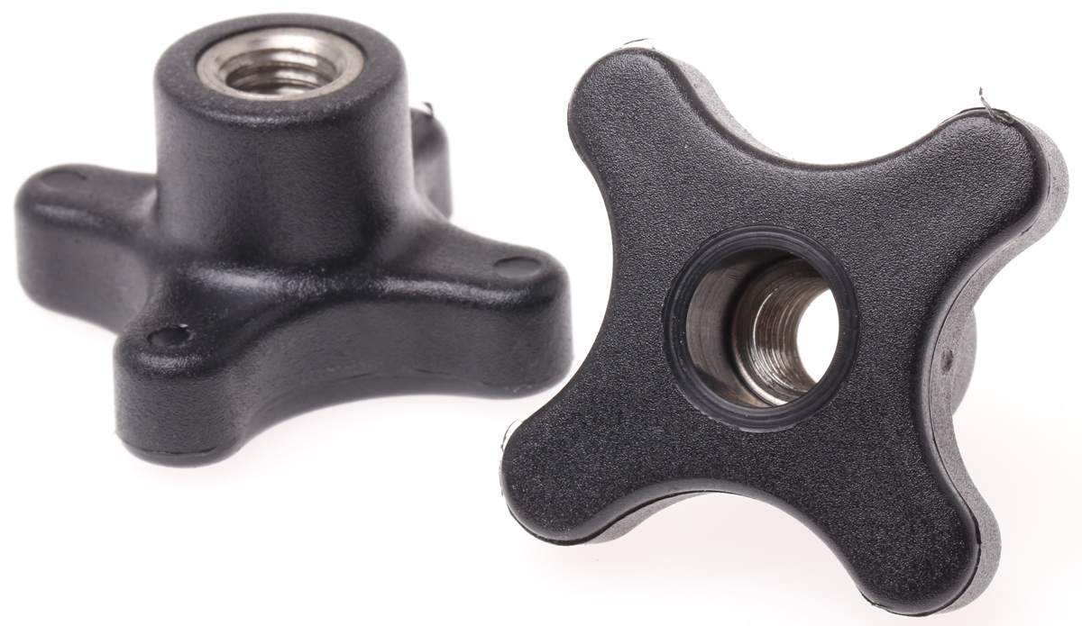 RS PRO Black Polypropylene 4-Arm Clamping Knob, M10, Threaded Through Hole