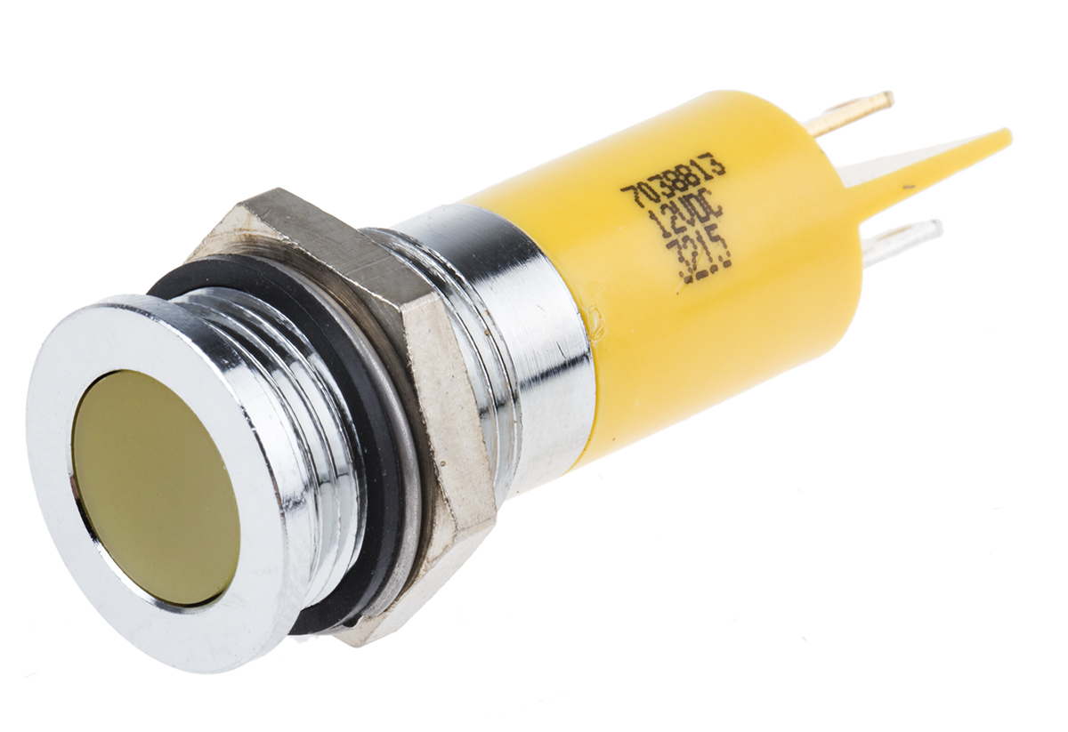 RS PRO Yellow Panel Mount Indicator, 12V dc, Solder Tab Termination, IP67