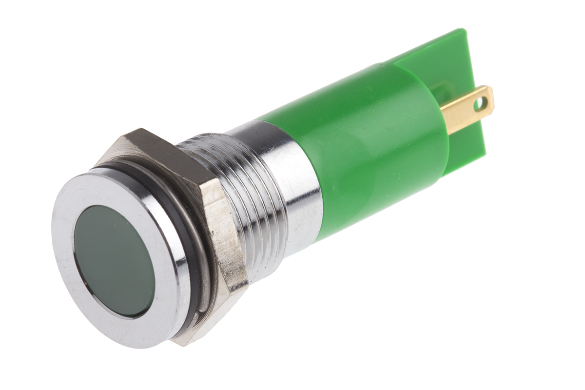RS PRO Green Panel Mount Indicator, 12V dc, Solder Tab Termination, IP67