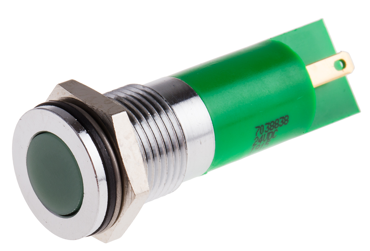 RS PRO Green Panel Mount Indicator, 24V dc, Solder Tab Termination, IP67