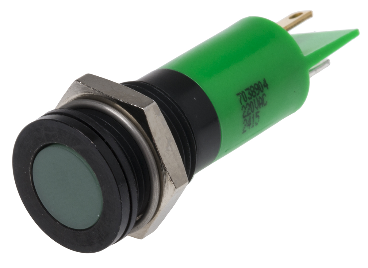 RS PRO Green Panel Mount Indicator, 220V ac, Solder Tab Termination, IP67