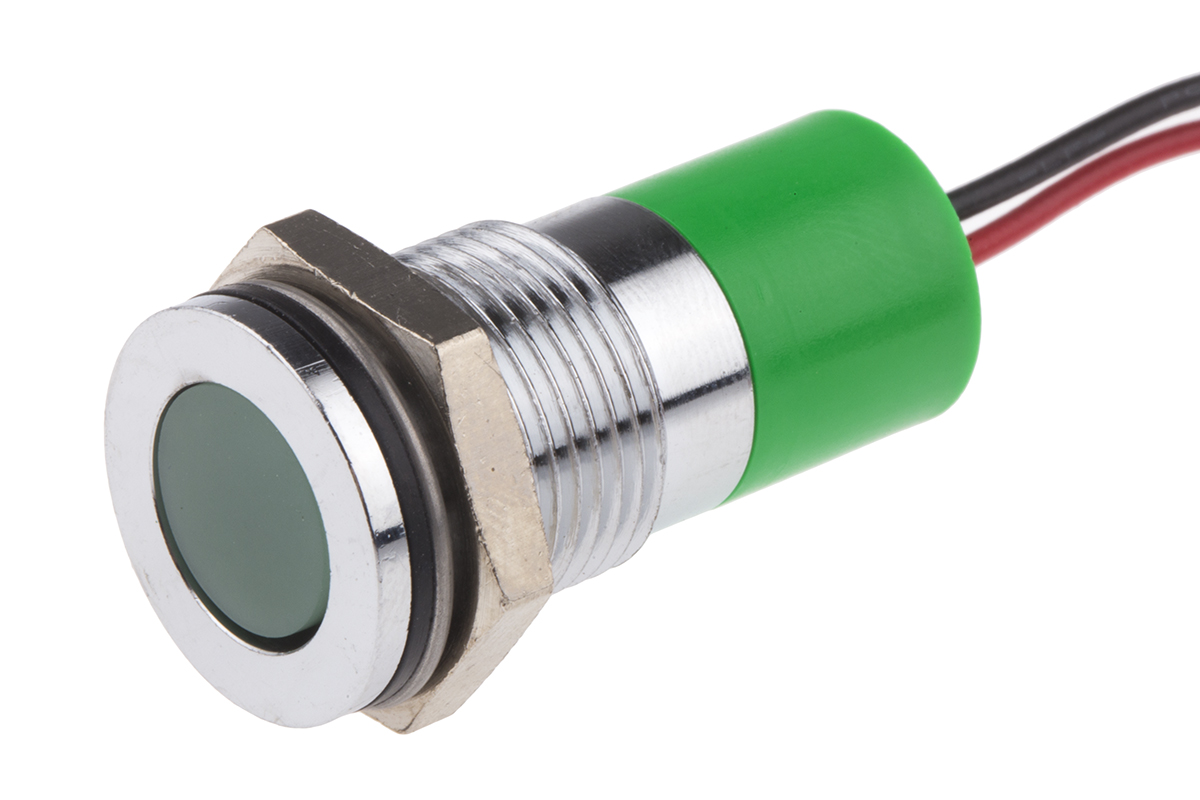 RS PRO Green Panel Mount Indicator, 12V dc, Lead Wire Termination, IP67