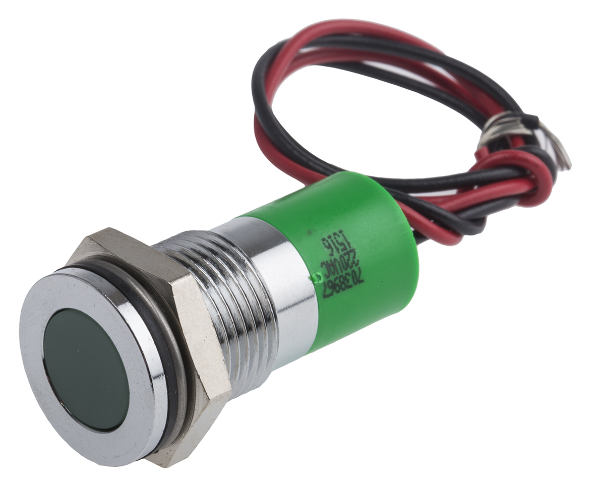 RS PRO Green Panel Mount Indicator, 220V ac, Lead Wire Termination, IP67
