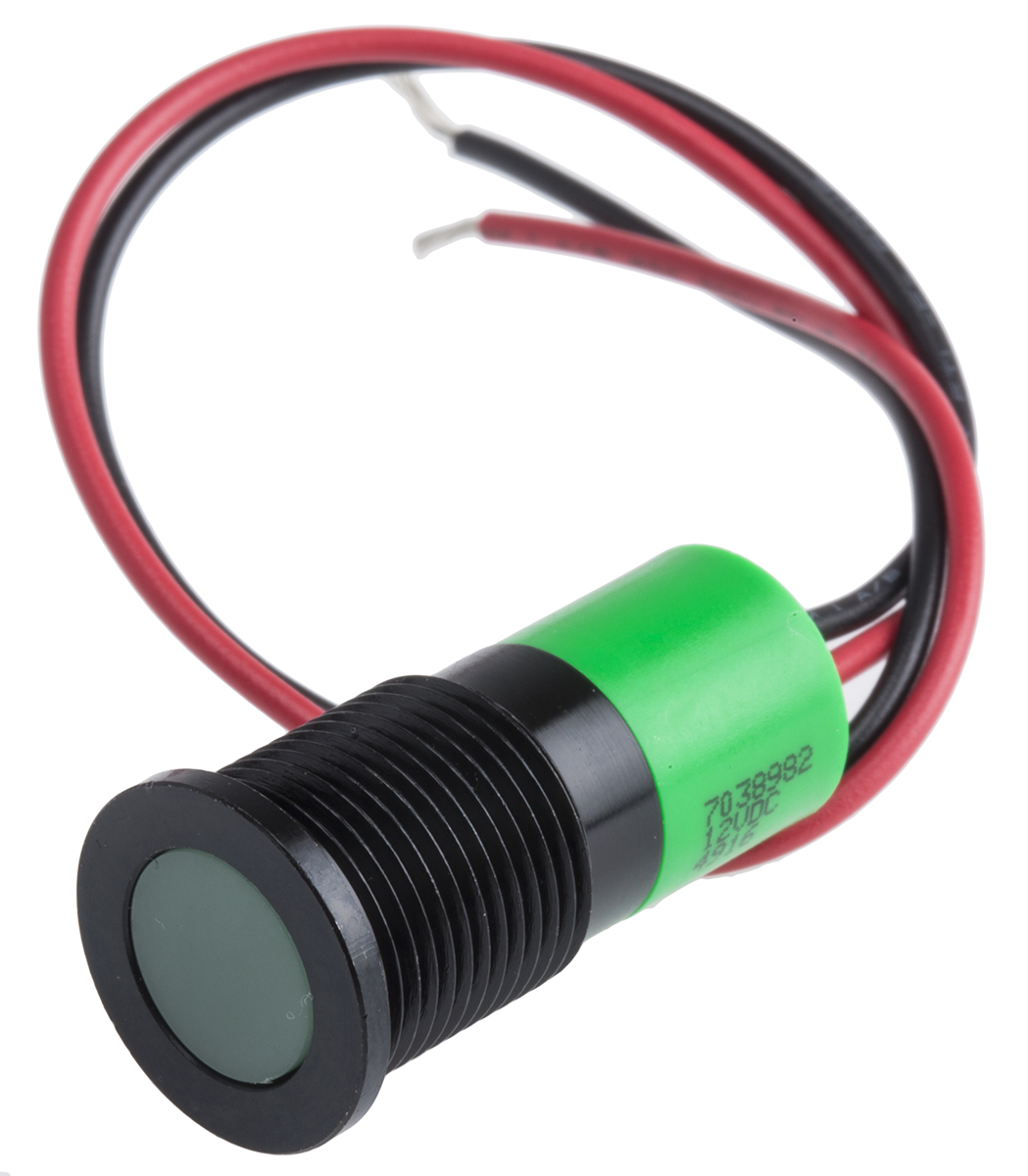 RS PRO Green Panel Mount Indicator, 12V dc, Lead Wire Termination, IP67