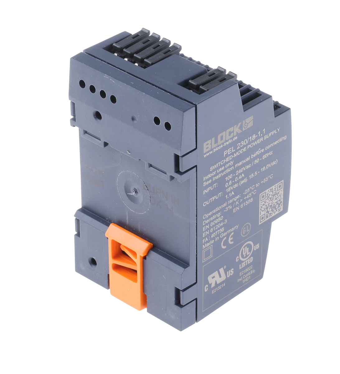 pel-23018-11 Block PEL 230 Switched Mode DIN Rail Power Supply, 85 → 264 V ac / 120 → 373V dc ac, dc Input, 18V dc dc