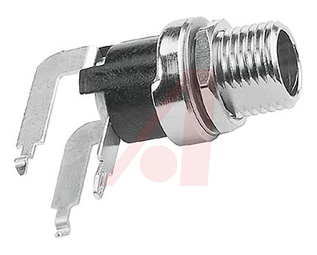 Switchcraft, RA Right Angle DC Socket 5A, 12.0V, Panel Mount, length 19.5 mm, Silver