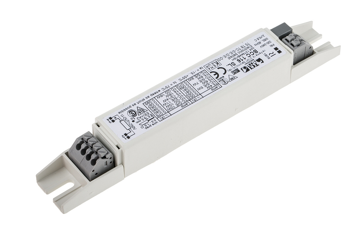 721-0850 RS PRO 4 → 16 (Fluorescent) W, 5 → 16 (CFL) W Electronic Compact Fluorescent, Fluorescent Lighting