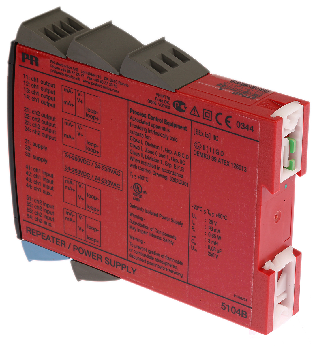 5104ba PR Electronics 1 Channel Galvanic Barrier, Repeater power supply, Current, Voltage Input, Current Output, ATEX