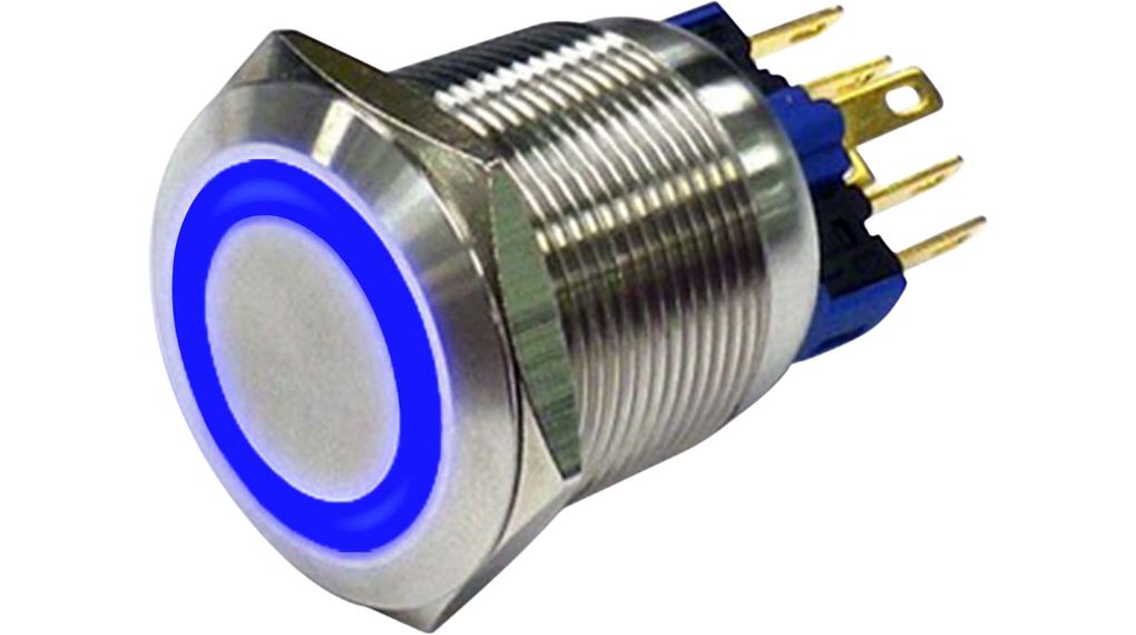 RND RND 210 Series Illuminated Vandal Proof Push Button Switch, Latching, Panel Mount, 19mm Cutout, 1NC, 1NO, Blue LED,