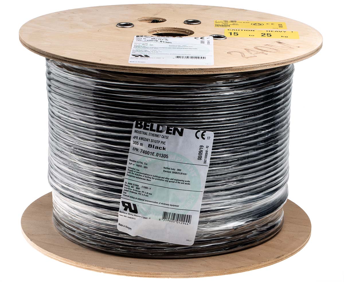 74001e00305 Belden 74001E, 305 m Cat5e Ethernet Cable, Black Polyvinyl Chloride Sheath Screened, Shielded