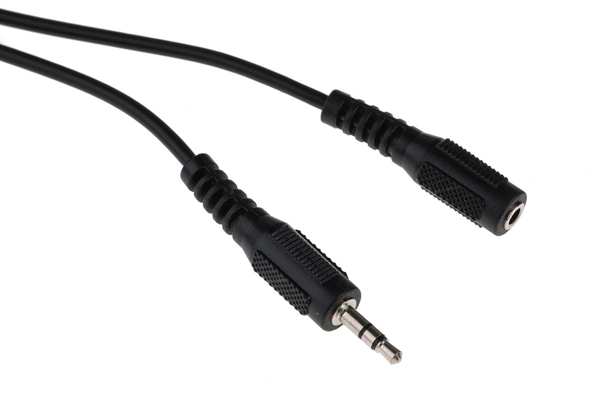 742-4557 RS PRO Male 3.5 mm Stereo Jack to Female 3.5 mm Stereo Jack Auxiliary Cable, Black, 2 m