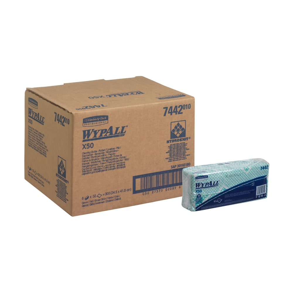 WYPALL WypAll® X50 Critical Clean™ (7442) Green Cloths for General Cleaning, Dry Use, Pack of 50 Per Pack, 416 x 245 mm,
