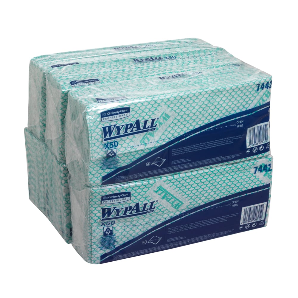 7442 WYPALL WypAll® X50 Critical Clean™ () Green Cloths for General Cleaning, Dry Use, Pack of 50 Per Pack, 416 x 245 mm,
