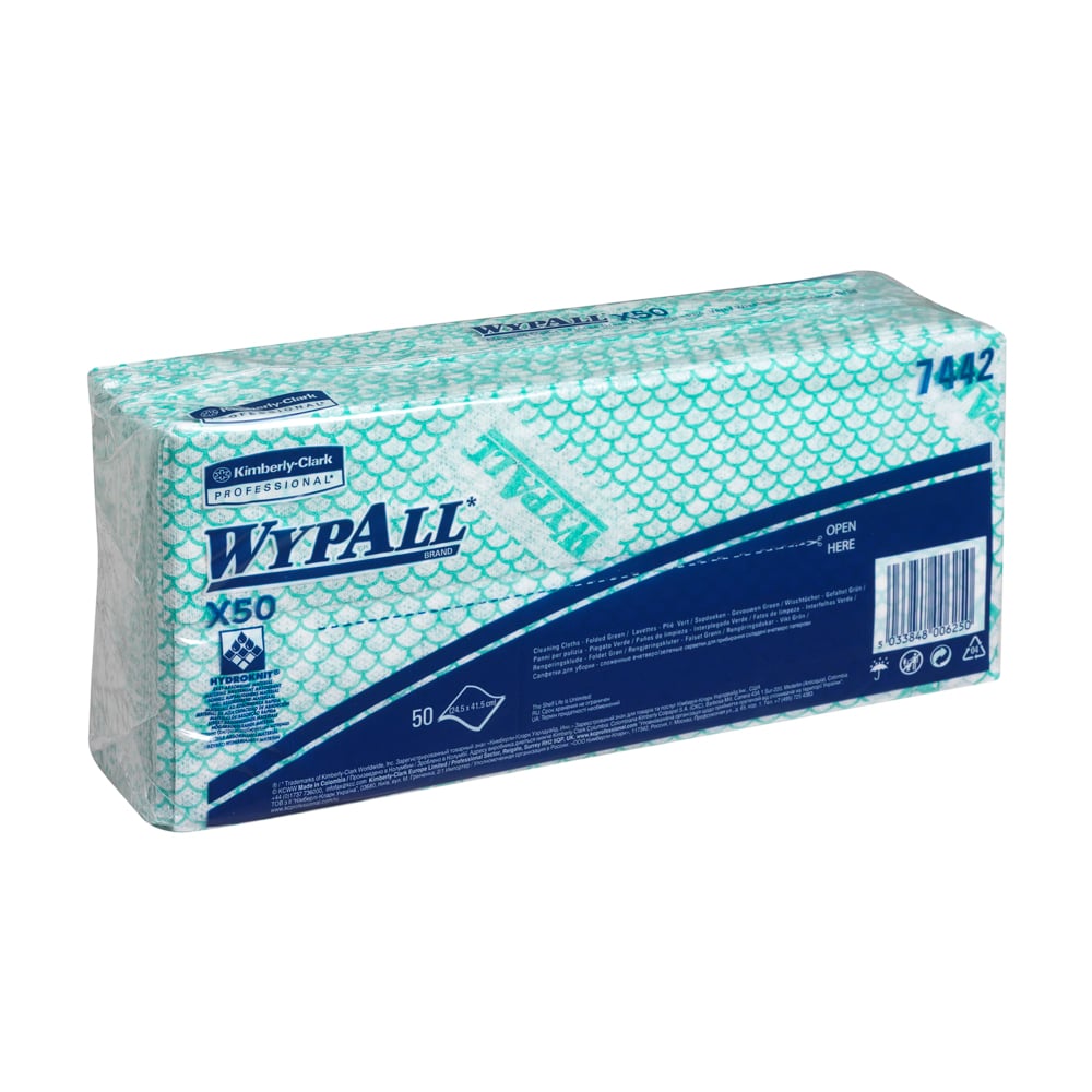 7442 WYPALL WypAll® X50 Critical Clean™ () Green Cloths for General Cleaning, Dry Use, Pack of 50 Per Pack, 416 x 245 mm,
