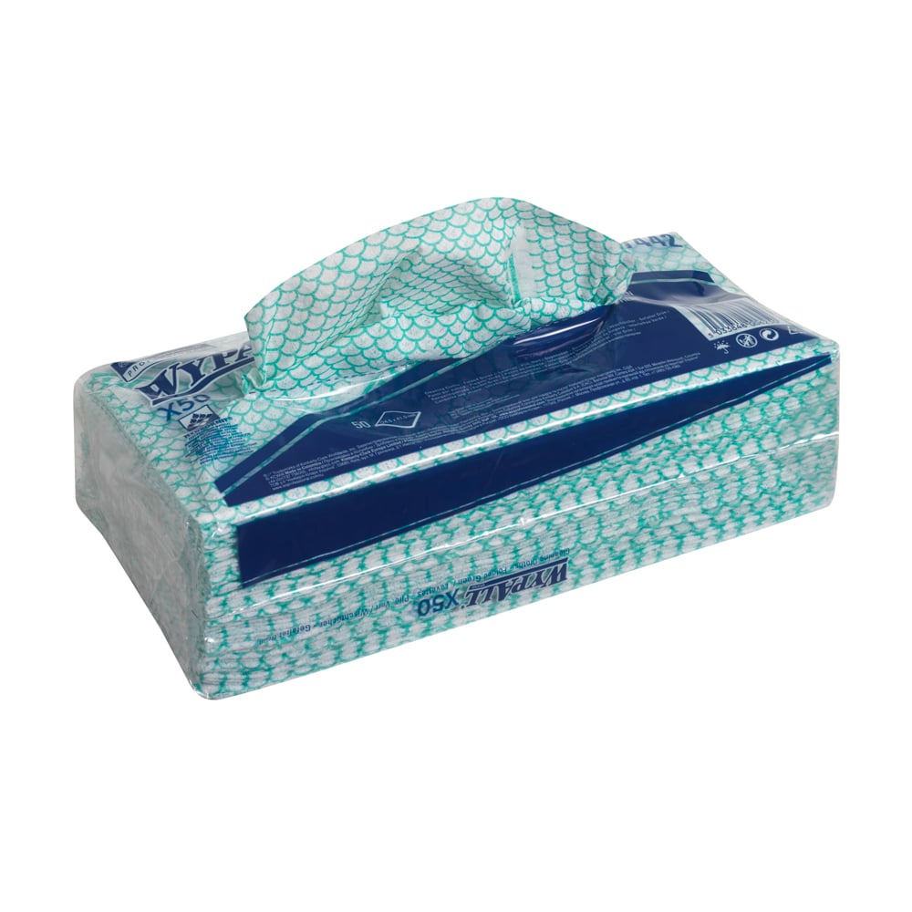 7442 WYPALL WypAll® X50 Critical Clean™ () Green Cloths for General Cleaning, Dry Use, Pack of 50 Per Pack, 416 x 245 mm,