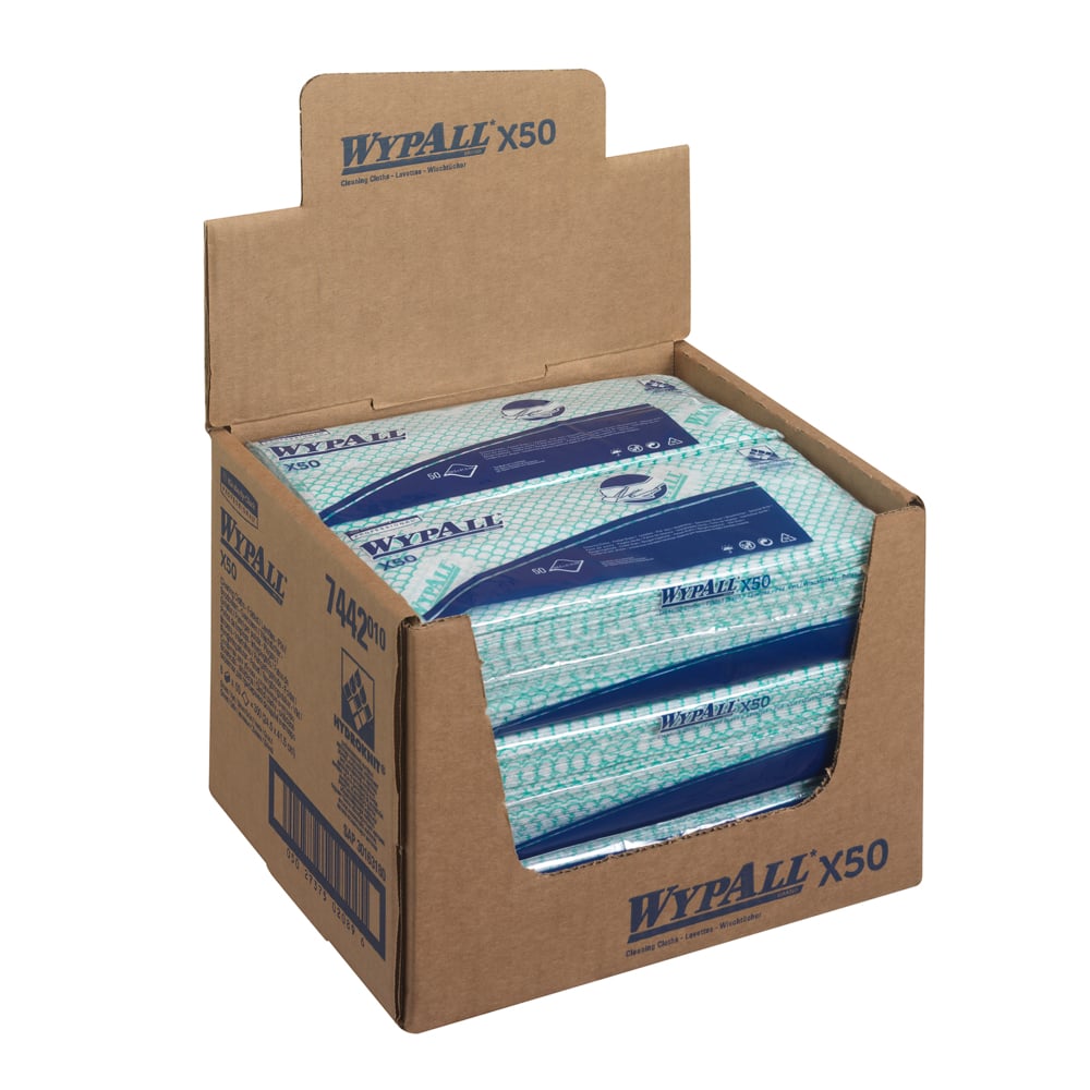 7442 WYPALL WypAll® X50 Critical Clean™ () Green Cloths for General Cleaning, Dry Use, Pack of 50 Per Pack, 416 x 245 mm,