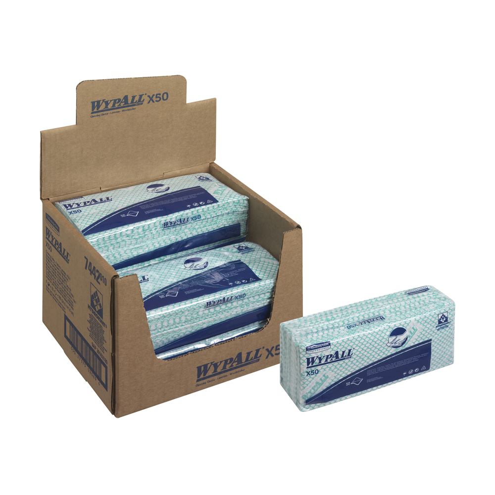 7442 WYPALL WypAll® X50 Critical Clean™ () Green Cloths for General Cleaning, Dry Use, Pack of 50 Per Pack, 416 x 245 mm,