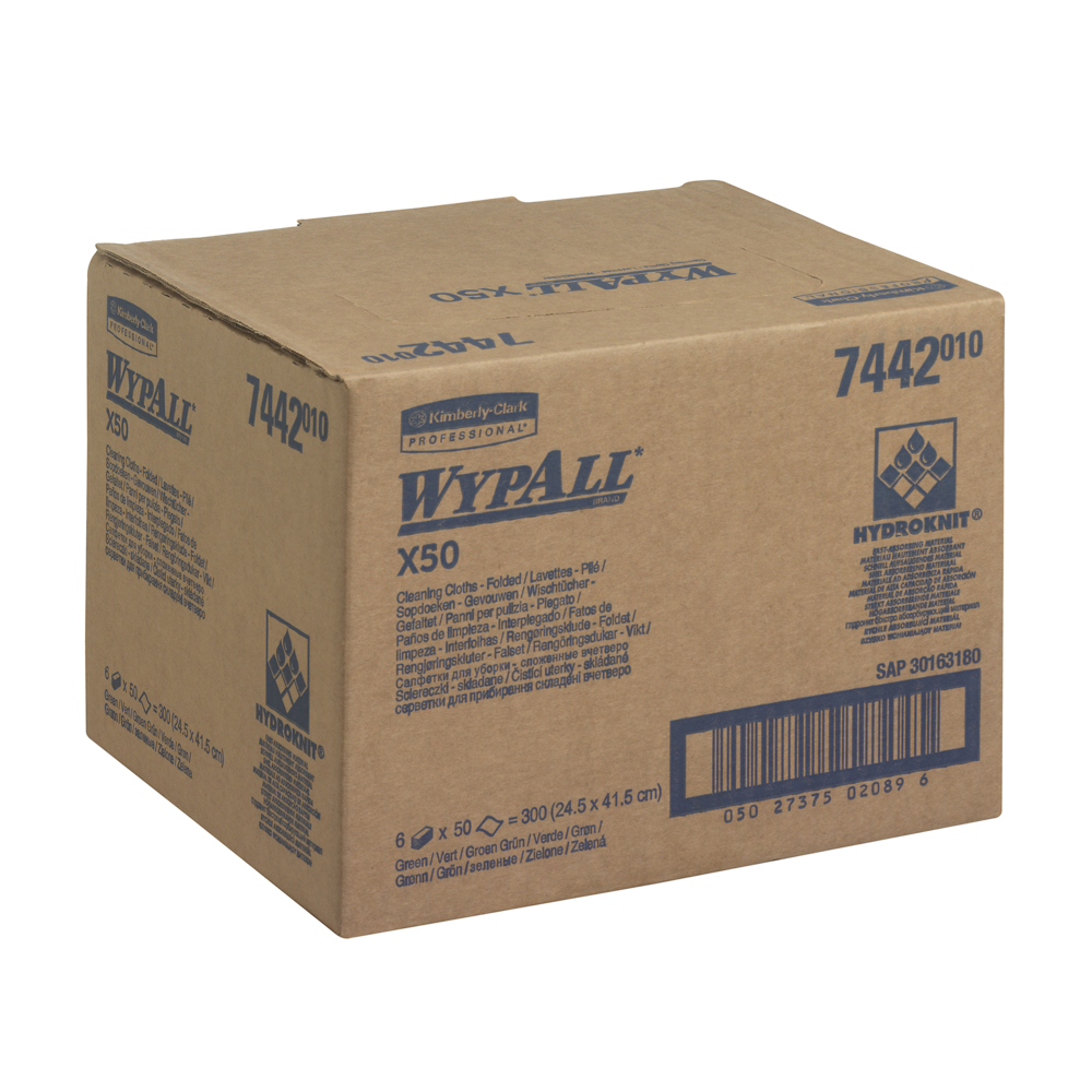 7442 WYPALL WypAll® X50 Critical Clean™ () Green Cloths for General Cleaning, Dry Use, Pack of 50 Per Pack, 416 x 245 mm,