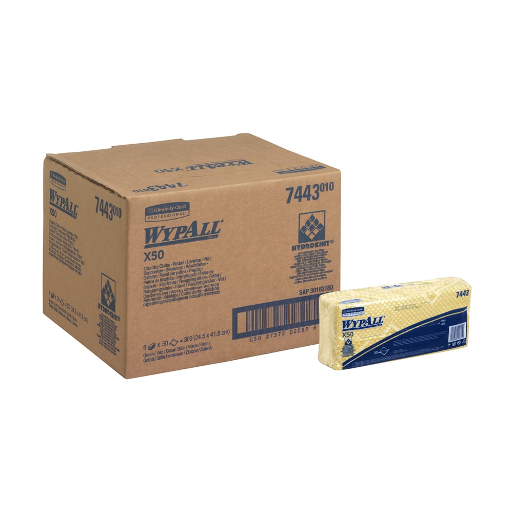 WYPALL WypAll® X50 Critical Clean™ (7443) Yellow Cloths for General Cleaning, Dry Use, Pack of 50 Per Pack, 416 x 245