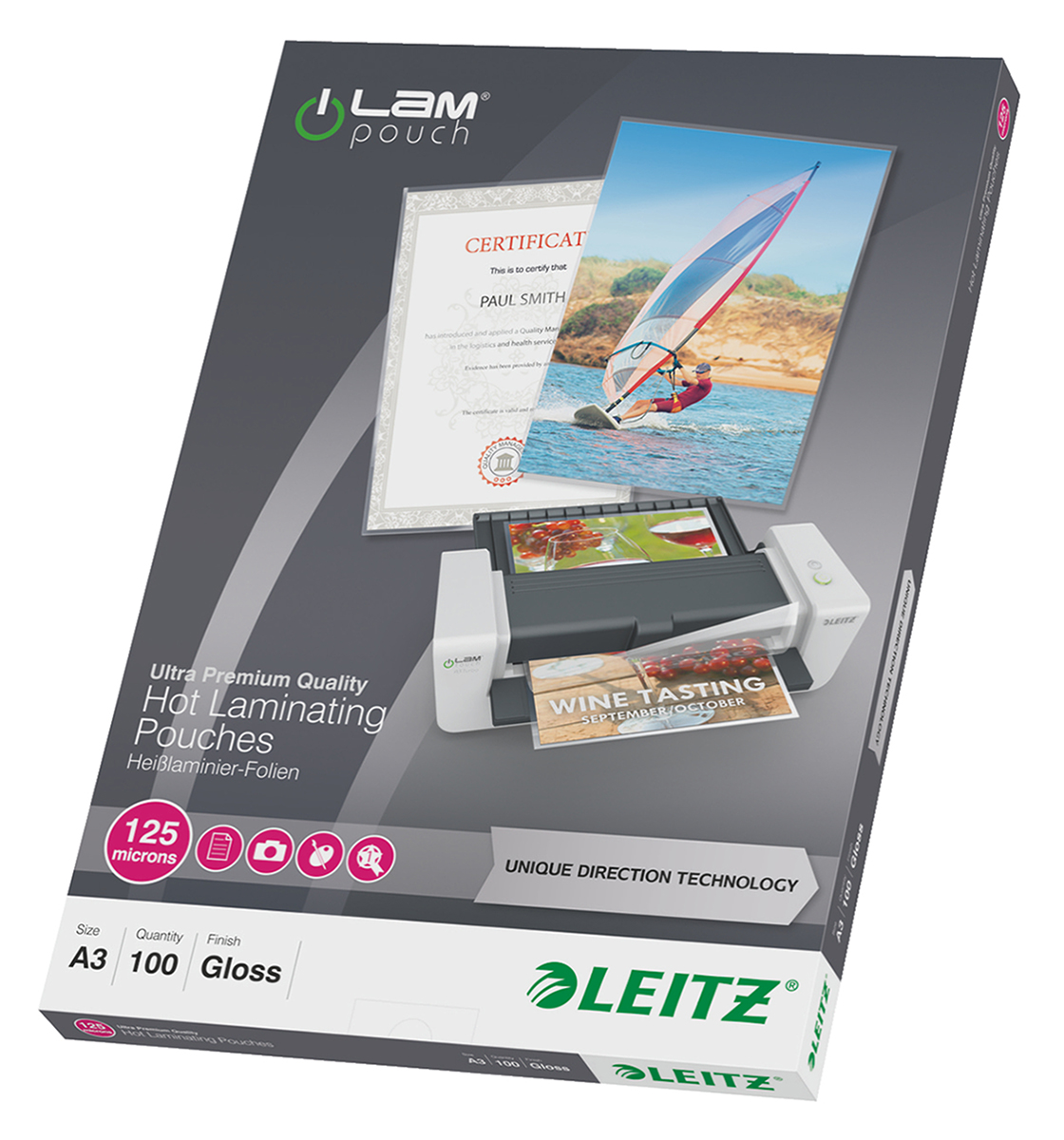 Leitz A3 Gloss Laminator Pouch 125 μm Thickness, 100 Per Pack Pack Quantity