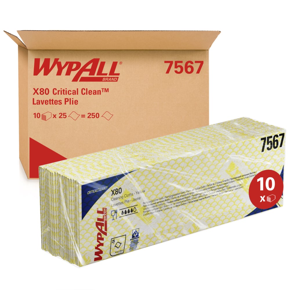 WYPALL WypAll® X80 Critical Clean™ (7567) Yellow Cloths for Industrial Cleaning, Dry Use, Pack of 25 Per Pack, 420 x 360
