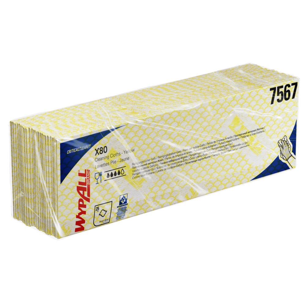 7567 WYPALL WypAll® X80 Critical Clean™ () Yellow Cloths for Industrial Cleaning, Dry Use, Pack of 25 Per Pack, 420 x 360