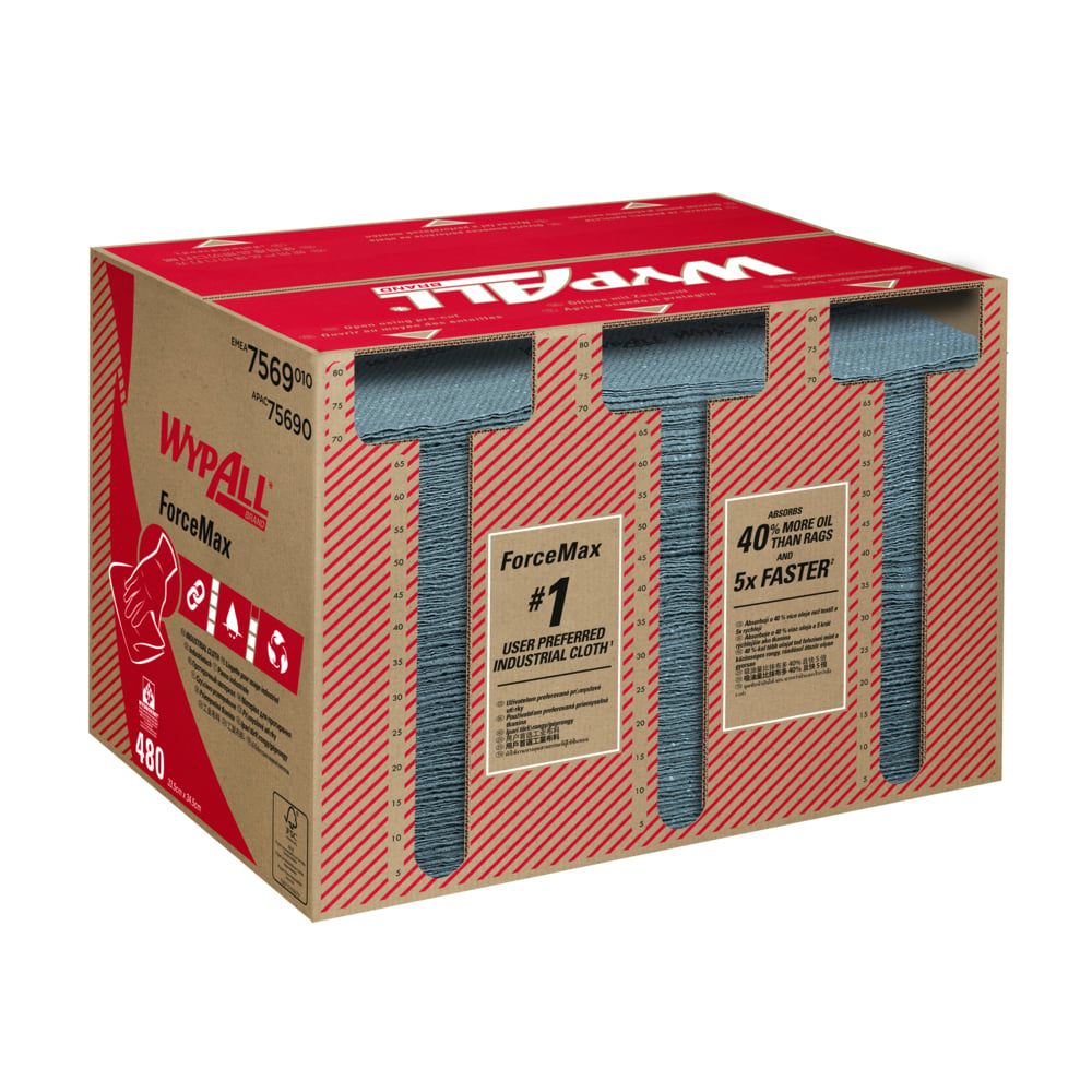 7569 WYPALL WypAll® ForceMax Power Clean™ () Blue Cloths for Industrial Cleaning, Dry Use, Box of 480 Per Pack, 35 cm x