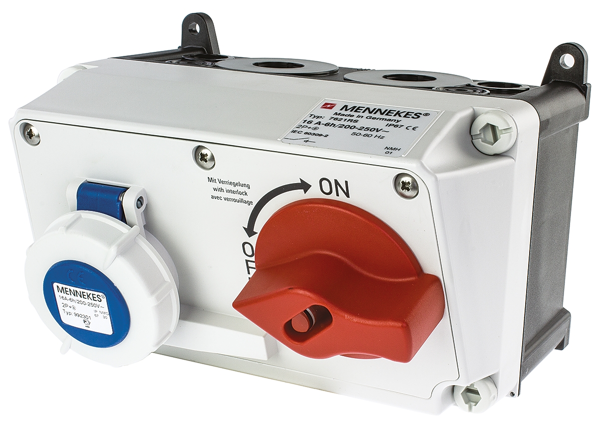 MENNEKES Right Angle Switchable IP67 Industrial Interlock Socket 2+E, Earthing Position 6h, 16A, 230V