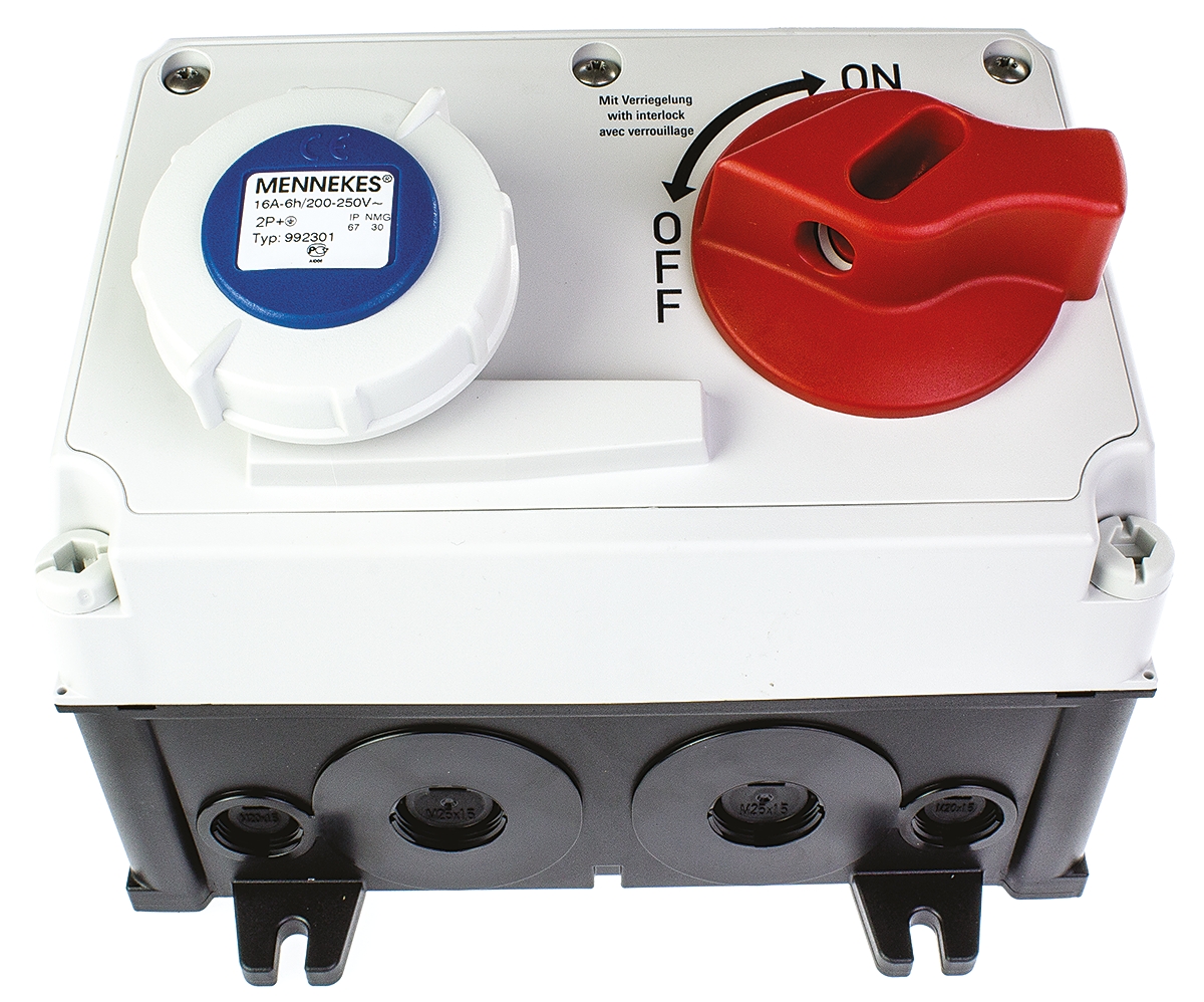 7621rs MENNEKES Right Angle Switchable IP67 Industrial Interlock Socket 2+E, Earthing Position 6h, 16A, 230V