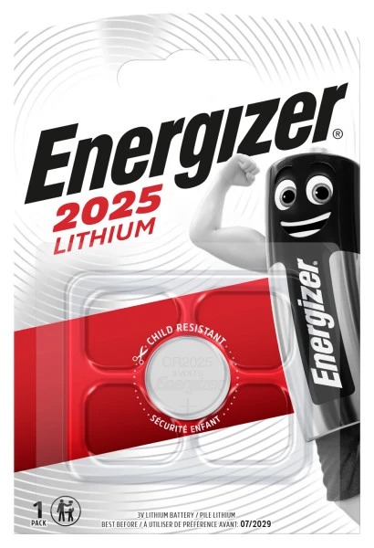 Energizer CR2025 Button Battery, 3 V, 20 mm Diameter