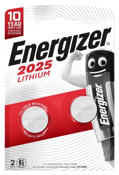 Energizer CR2025 Button Battery, 3 V, 20 mm Diameter, 2 Pack